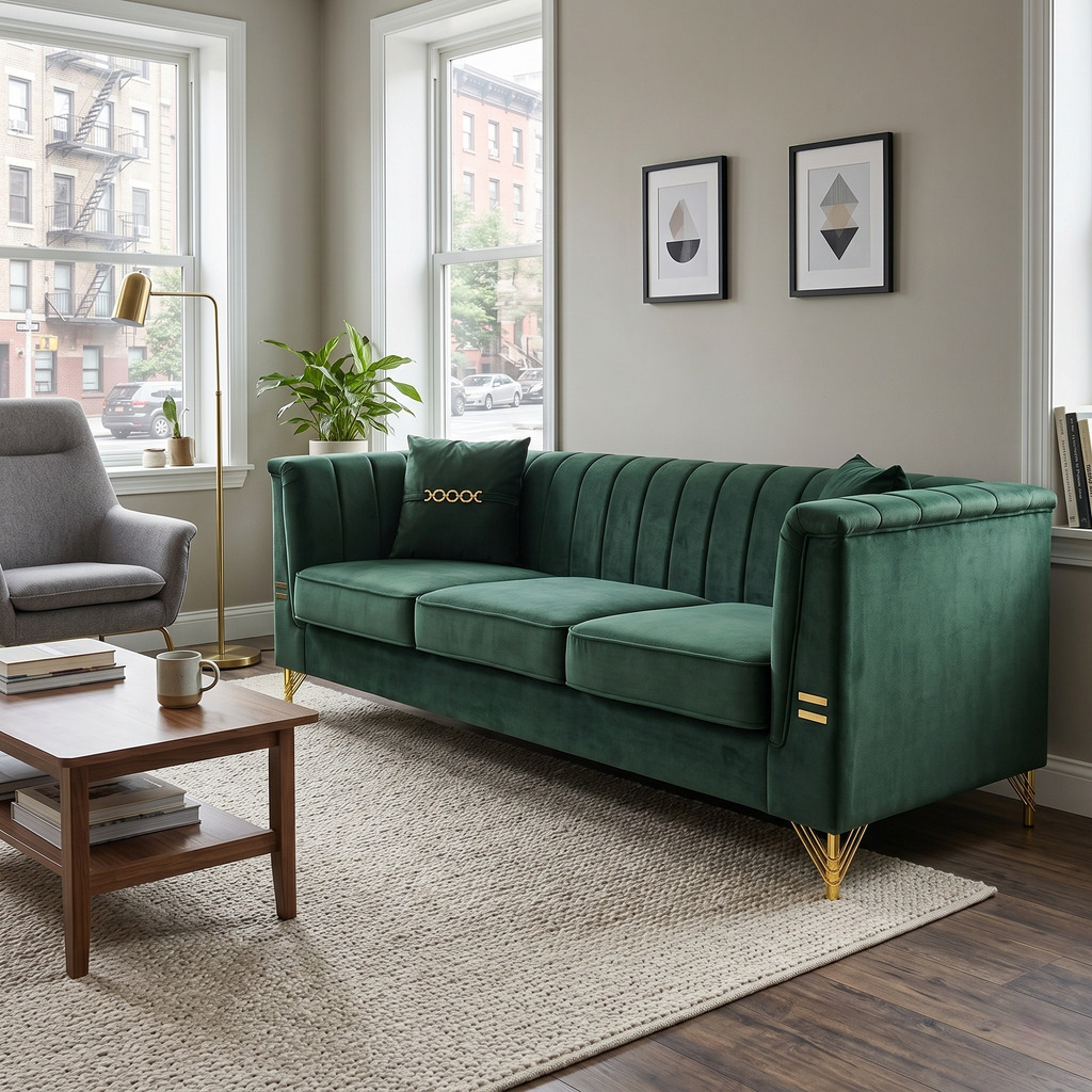 FX-P82-GR3 Modern Velvet 3-Seater Chesterfield Style Sofa