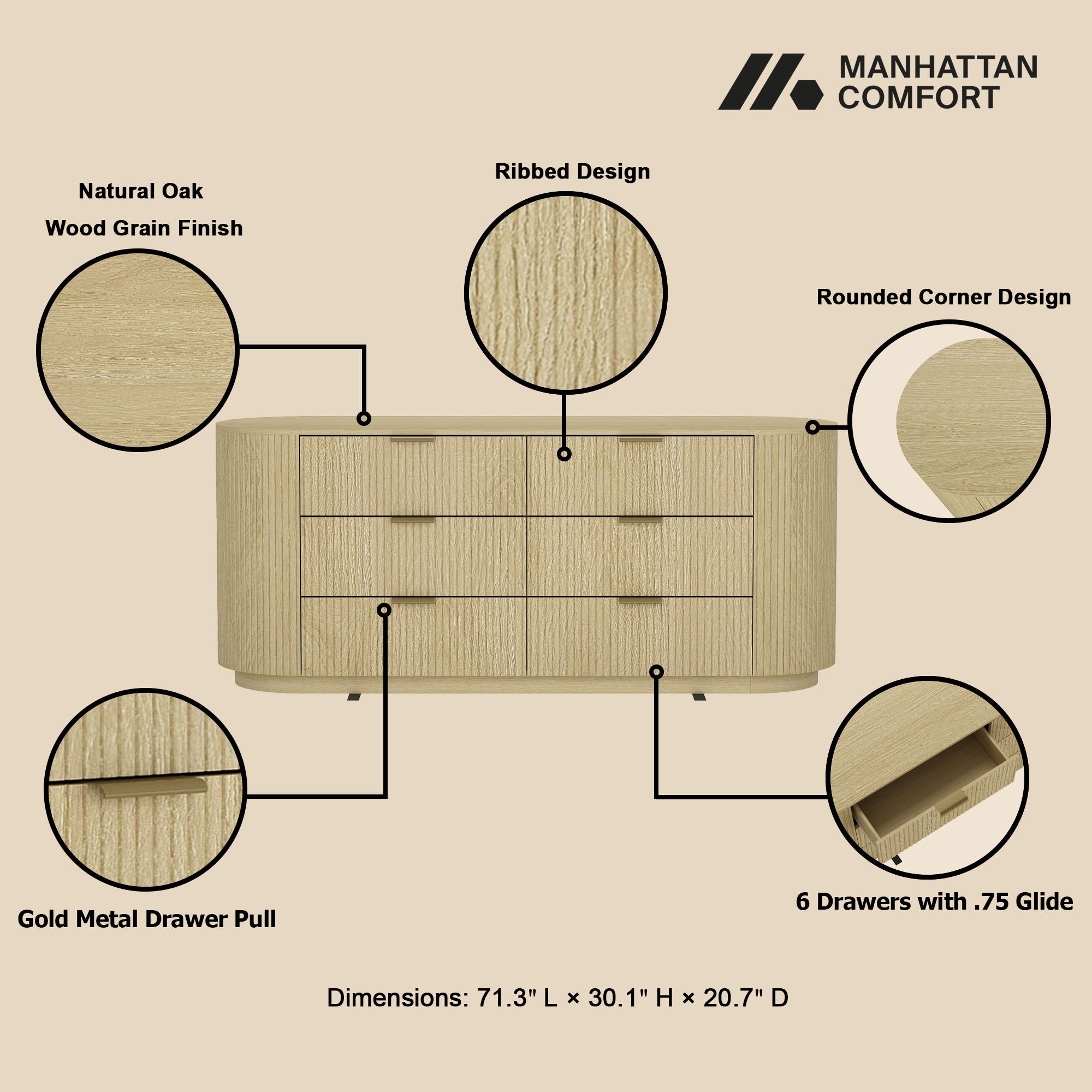 Olivia Modern 71.3" Double Dresser with 6 Drawers