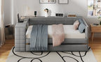 Full Size Upholstered Platform Bed with Storage Shelves, Desk, Charging Station and Trundle