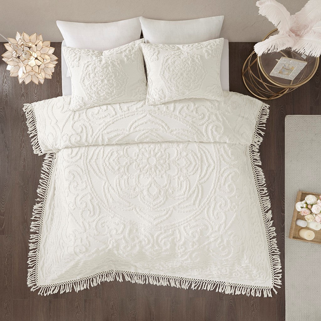 Tufted Cotton Chenille Medallion Fringe Coverlet Mini Set - Off-White Twin/Twin XL