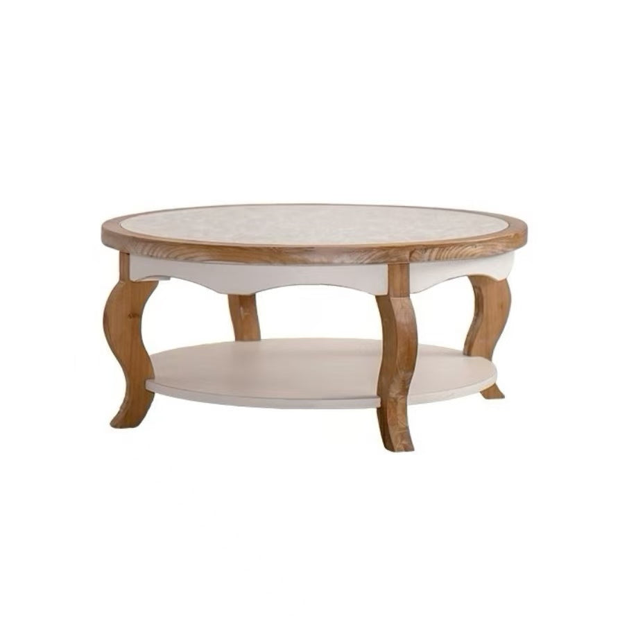 31.5-Inch Round Coffee Table with Open Storage, Solid Wood, Farmhouse Style, Antique White