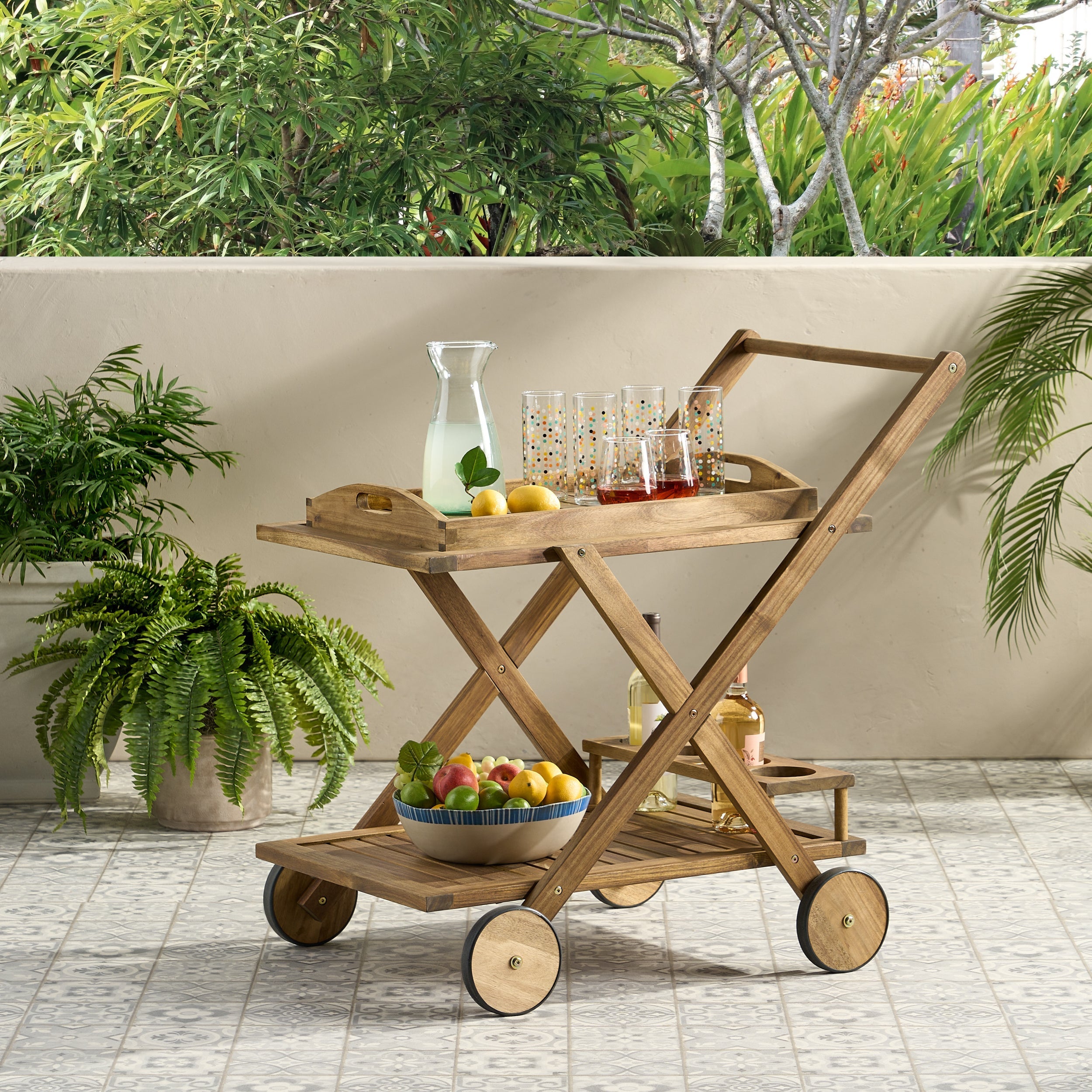 Riviera Bar Cart Natural Stained Acacia Wood Mobile Bar Cart