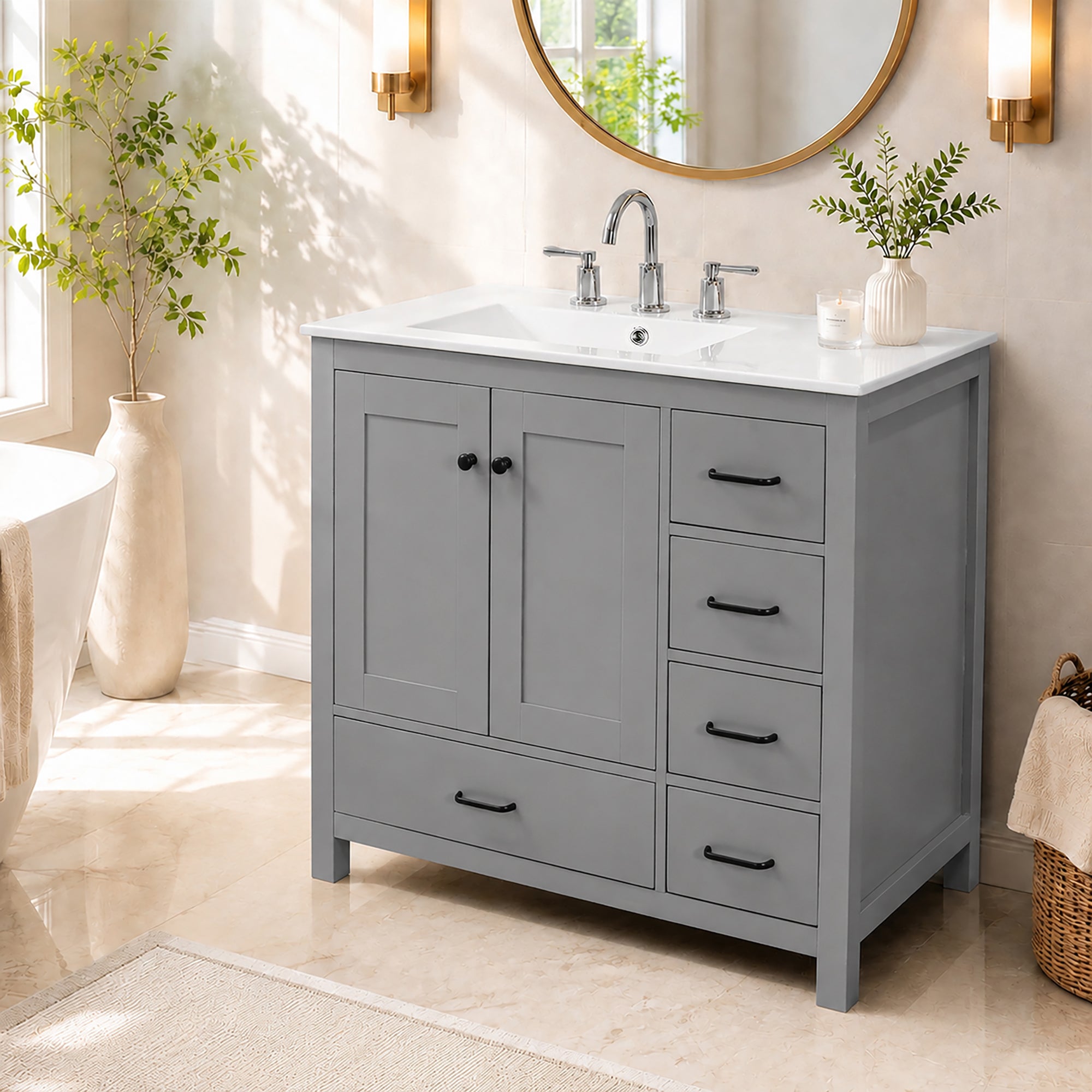 36" Gray Bathroom Vanity with Ceramic Sink