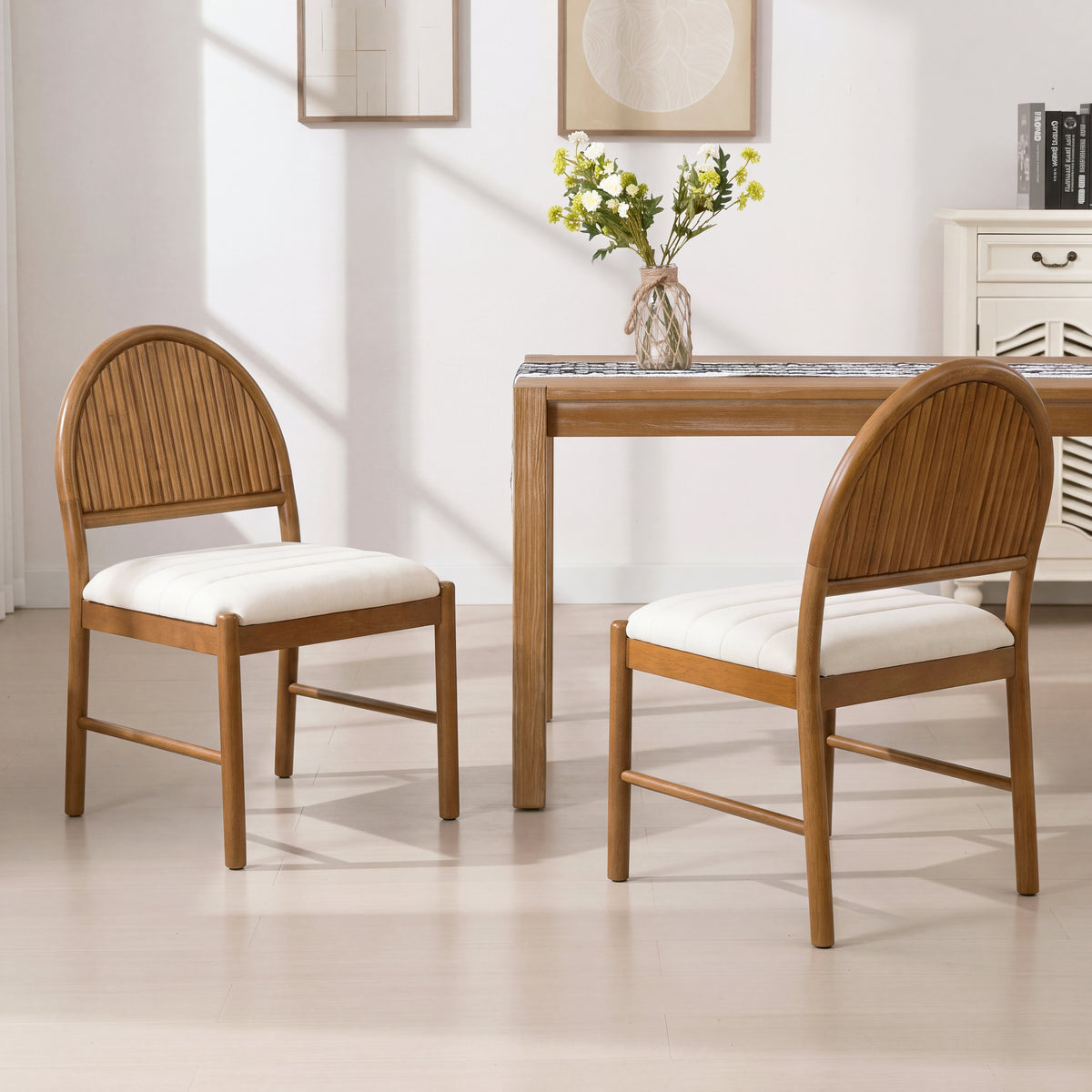 Rubber Wood Dining Chairs, Upholstered Kitchen Chairs with Fluted Backrest, Mid Century Dining Room Chair with