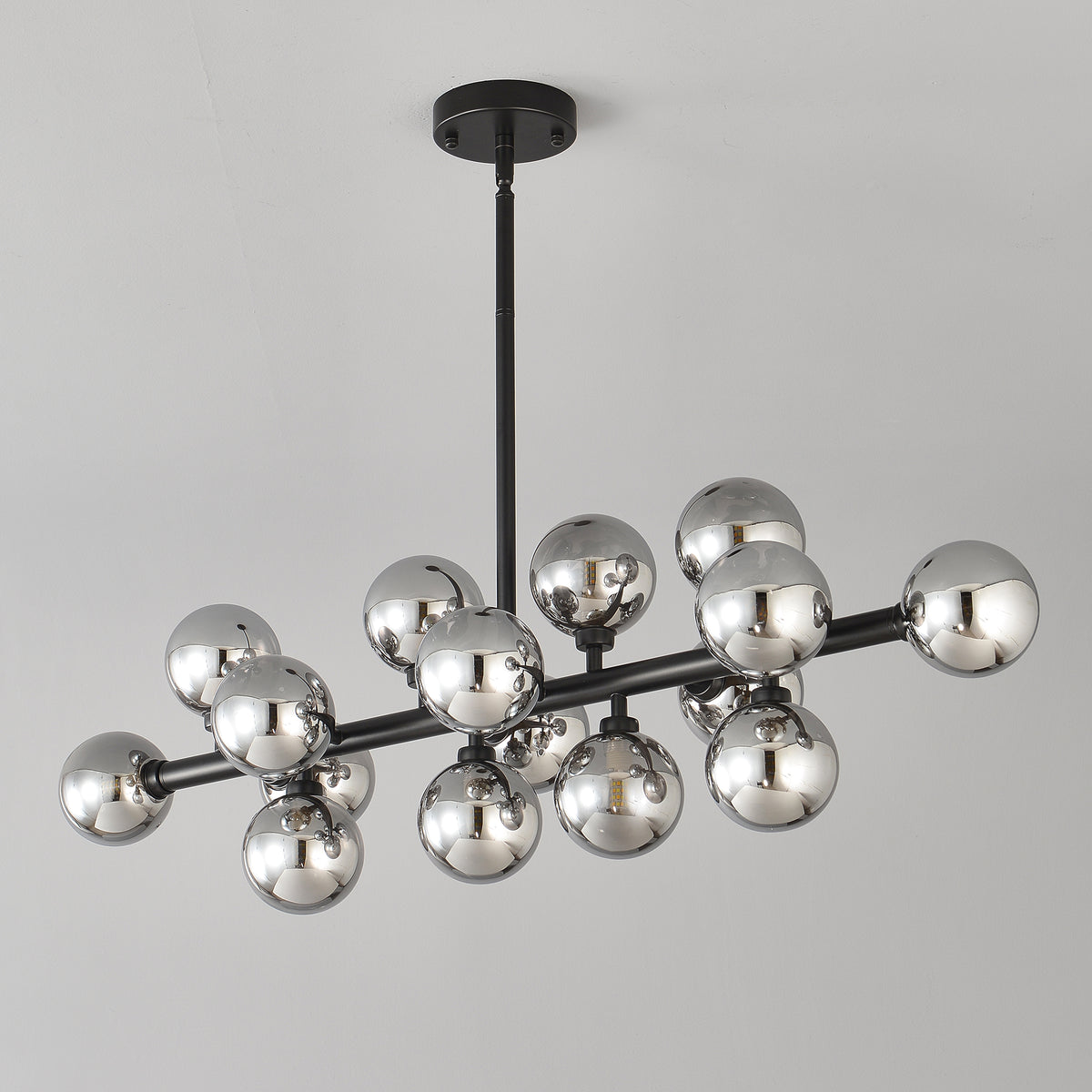 Pendant Lamp with Smoke Grey Glass Shade, 16-Light, Matte Black