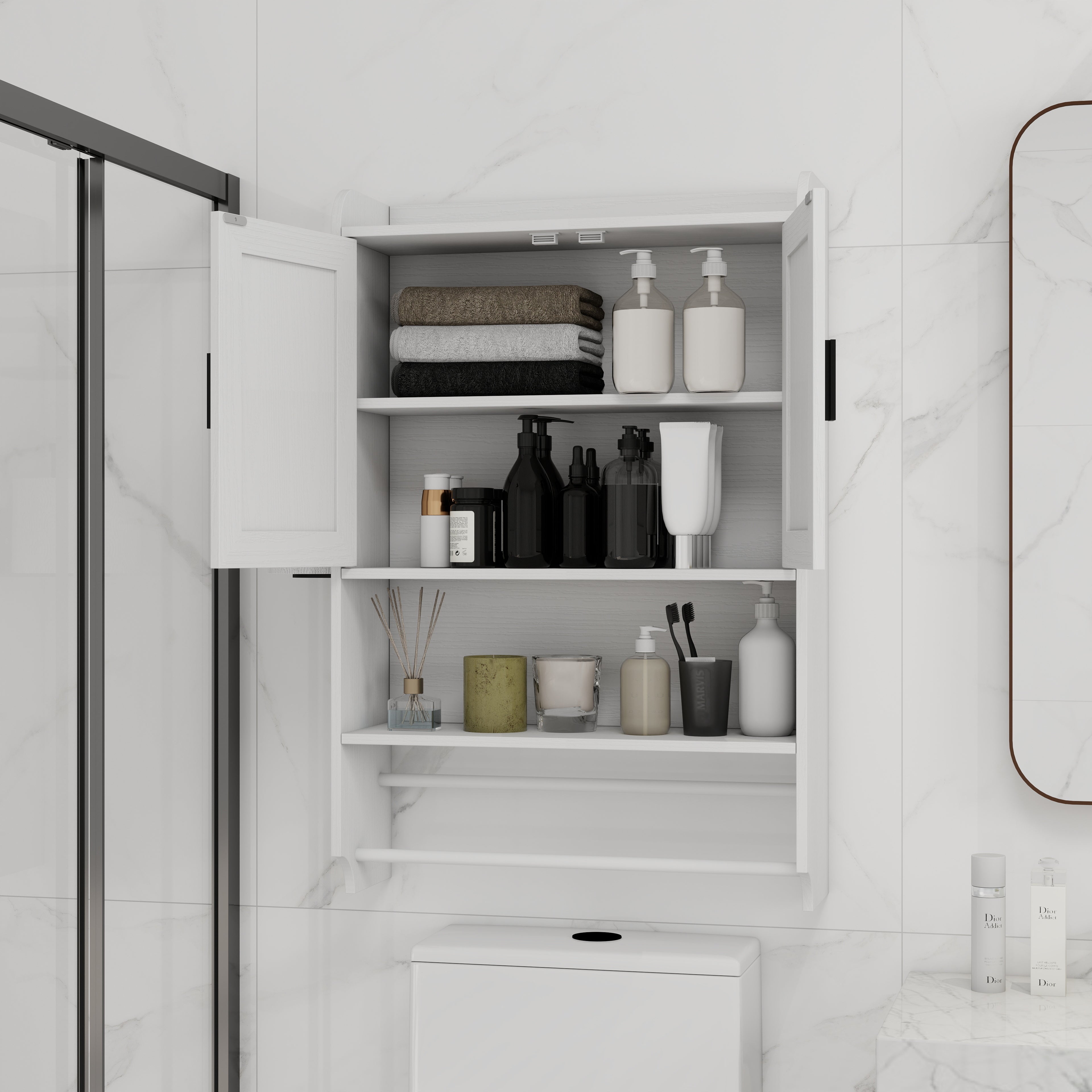 Bathroom Wall Cabinet with Doors, Adjustable Shelf, Towel Bar and Paper Holder