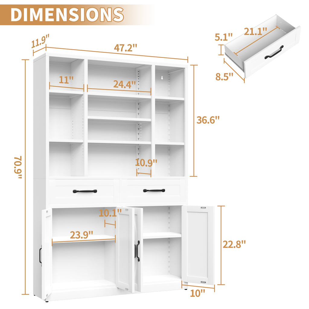 71" Tall Bookcase with Doors, Drawers & Adjustable Open Shelves