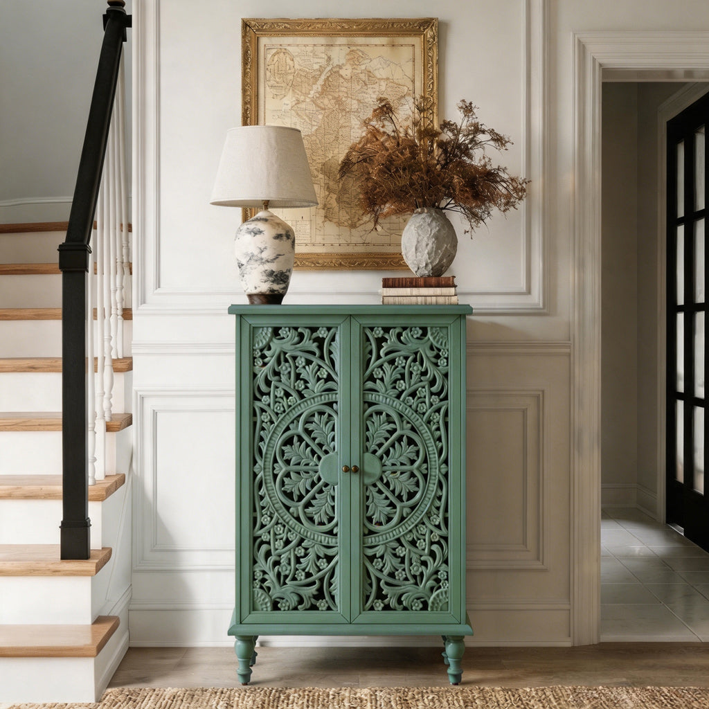 Tall Accent Cabinet with Carved Double Doors, Antique Green, 47-Inch