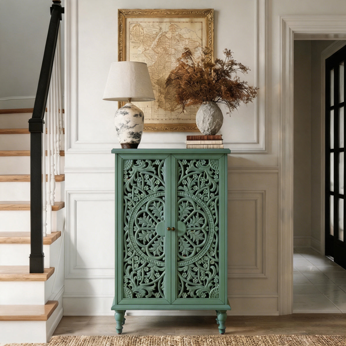 Tall Accent Cabinet with Carved Double Doors, Antique Green, 47-Inch