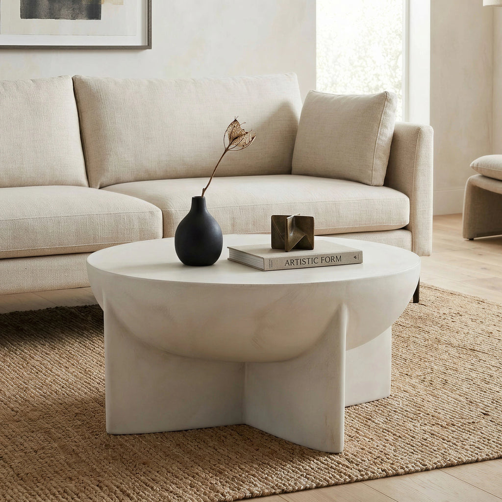 Matte White Distressed Round Coffee Table, Magnesium Oxide Sculptural Tripod Base