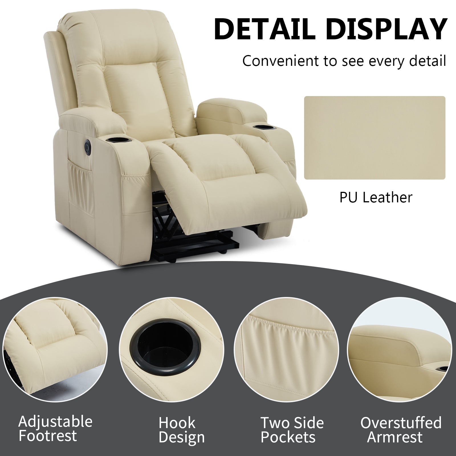 Beige PU Power Lift Recliner Chair for Elderly