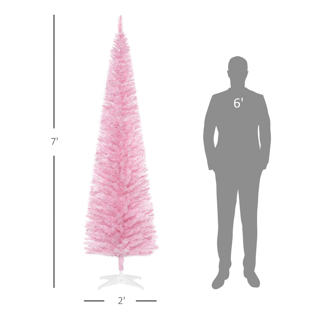 Slim Xmas Tree Artificial Pencil Christmas Tree, 7-Foot, Pink, with Plastic Stand