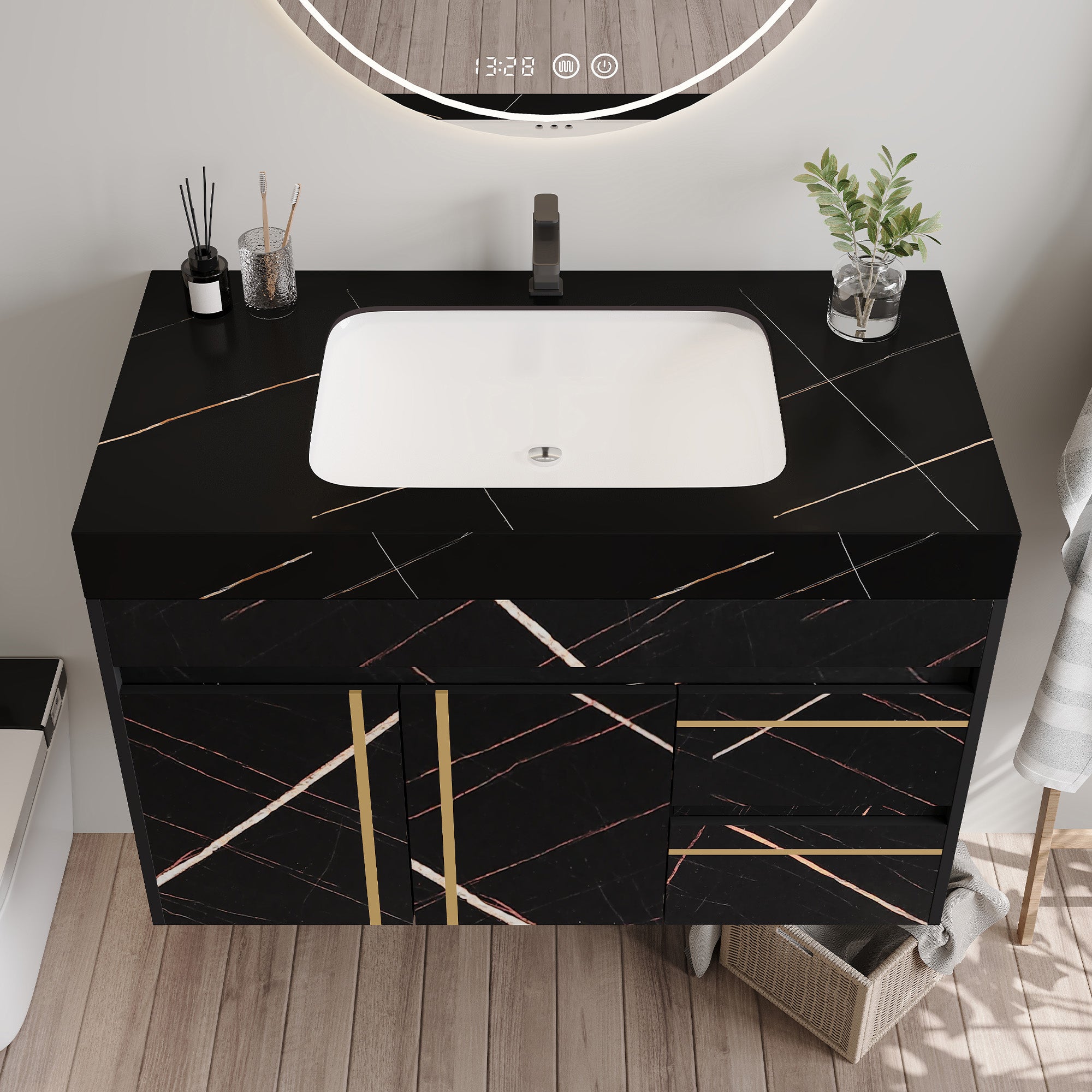 35.2 in Floating Bathroom Vanity with Sink and Faux Marble Top