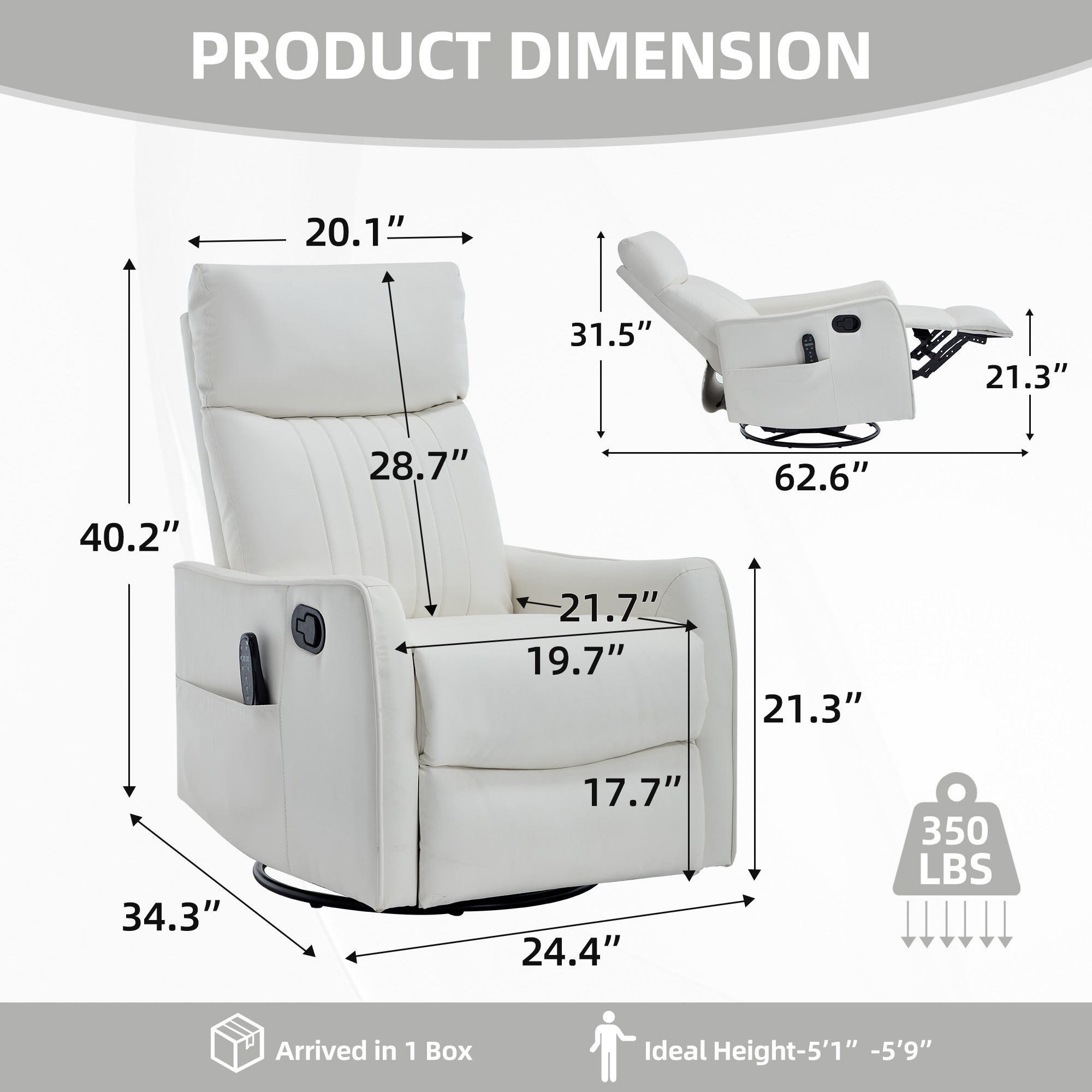 White Heat Massage Manual Recliner Chair with Rocker and Swivel
