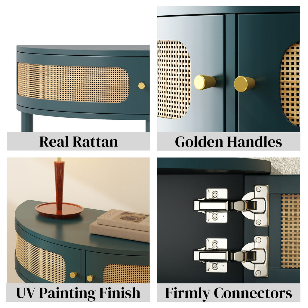 Unique Half Moon Design End Table with Sliding Rattan Door