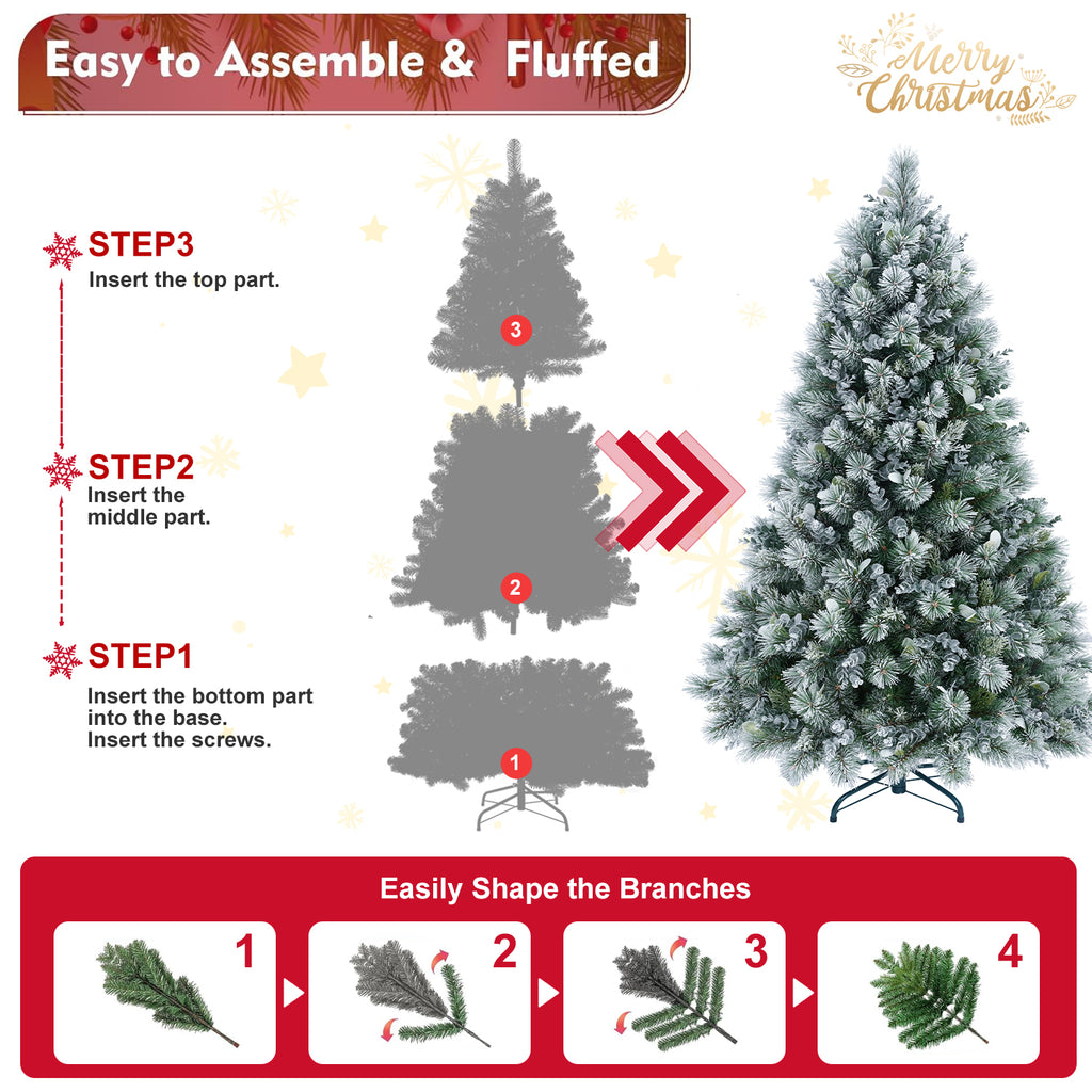 4FT Flocked Christmas Tree with Pine Needles & Eucalyptus Leaves