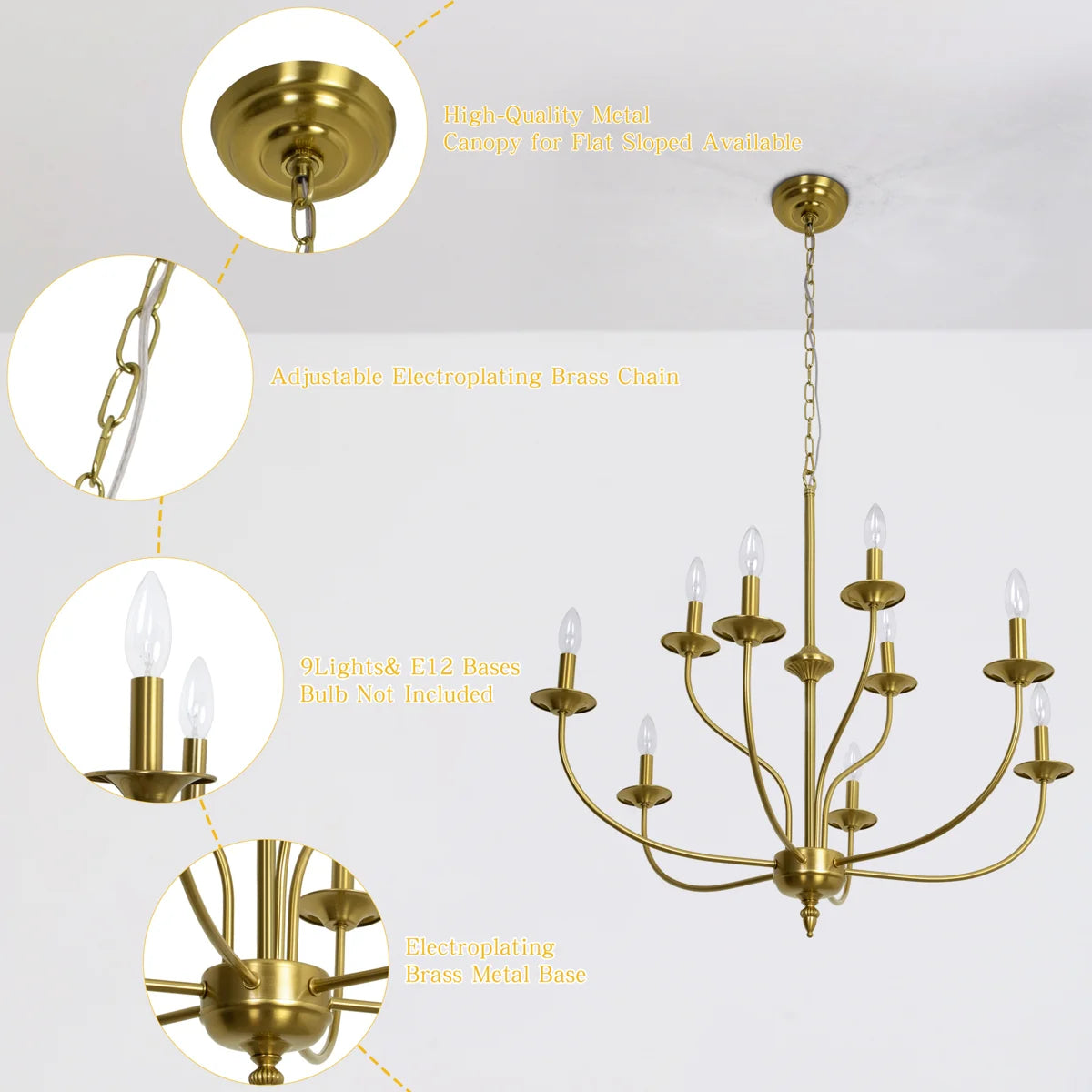9-Light Dimmable Metal Two-Tier Candle Style Chandelier, Gold, 31-Inch