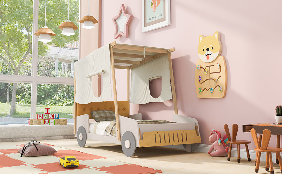 Wood Twin Size Car Bed with Pillow and Ceiling Cloth