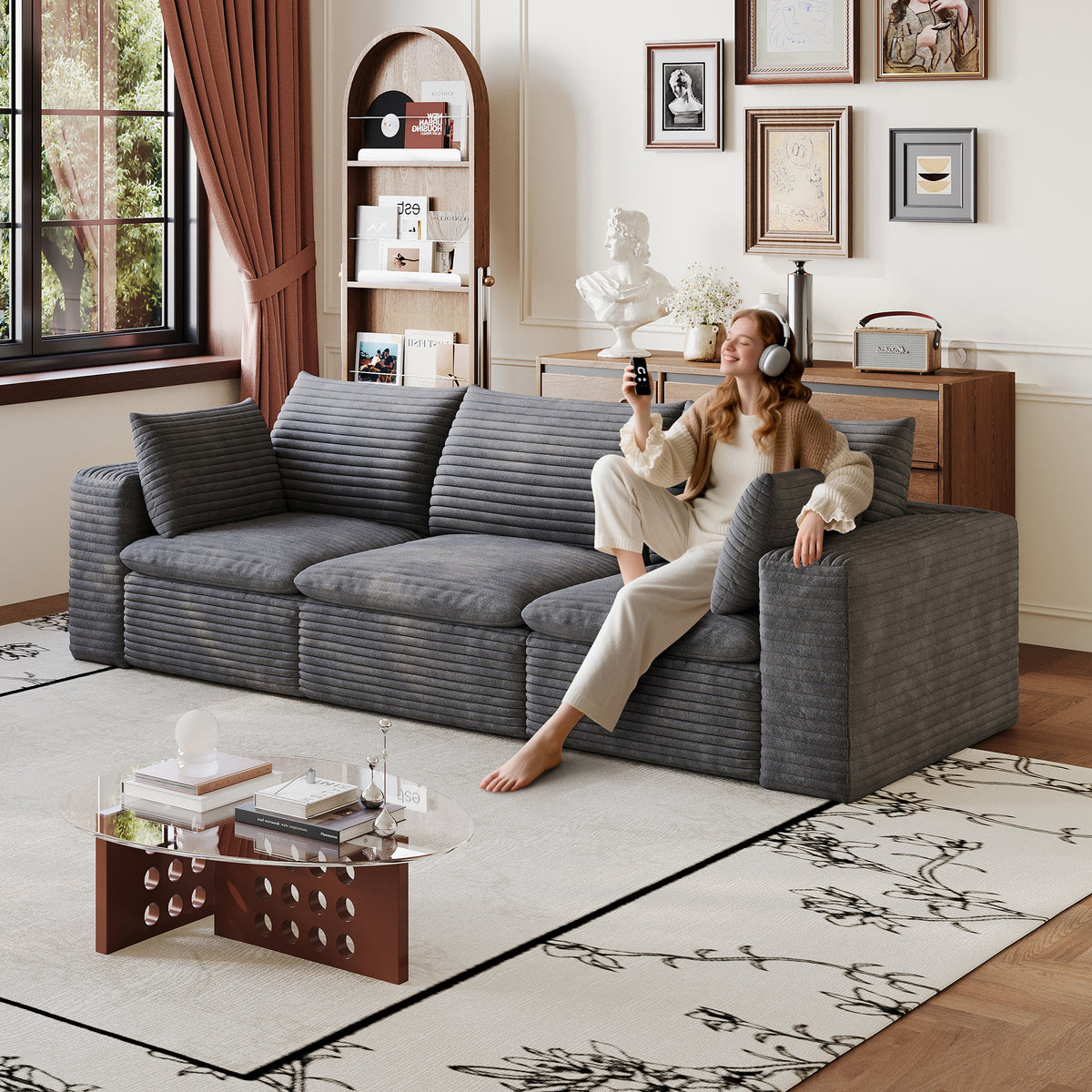 Cloud Sofa 102-Inch, Corduroy Fabric Deep Seat, Dark Grey