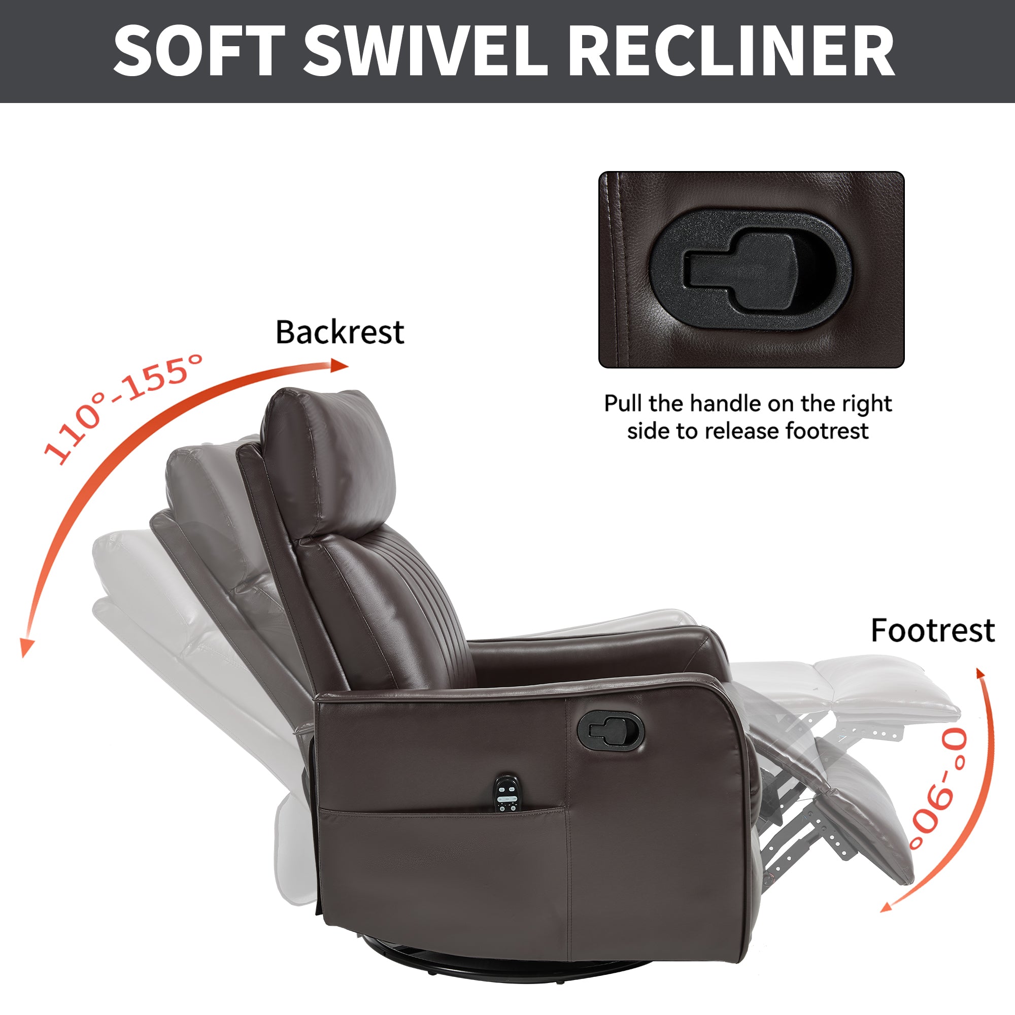 Brown Faux Leather Heat Massage Manual Recliner Chair