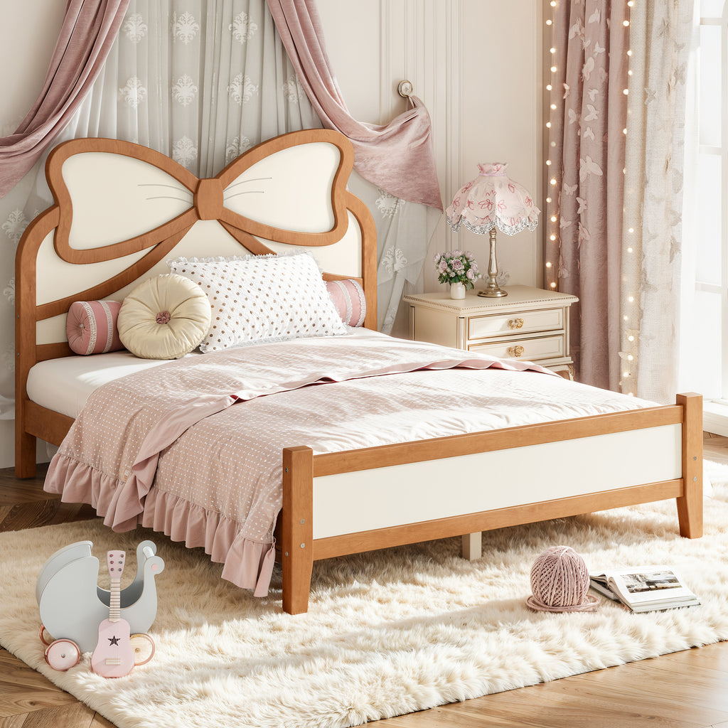 Full Size Wooden Platform Bed with Bow Headboard, Beige and Natural