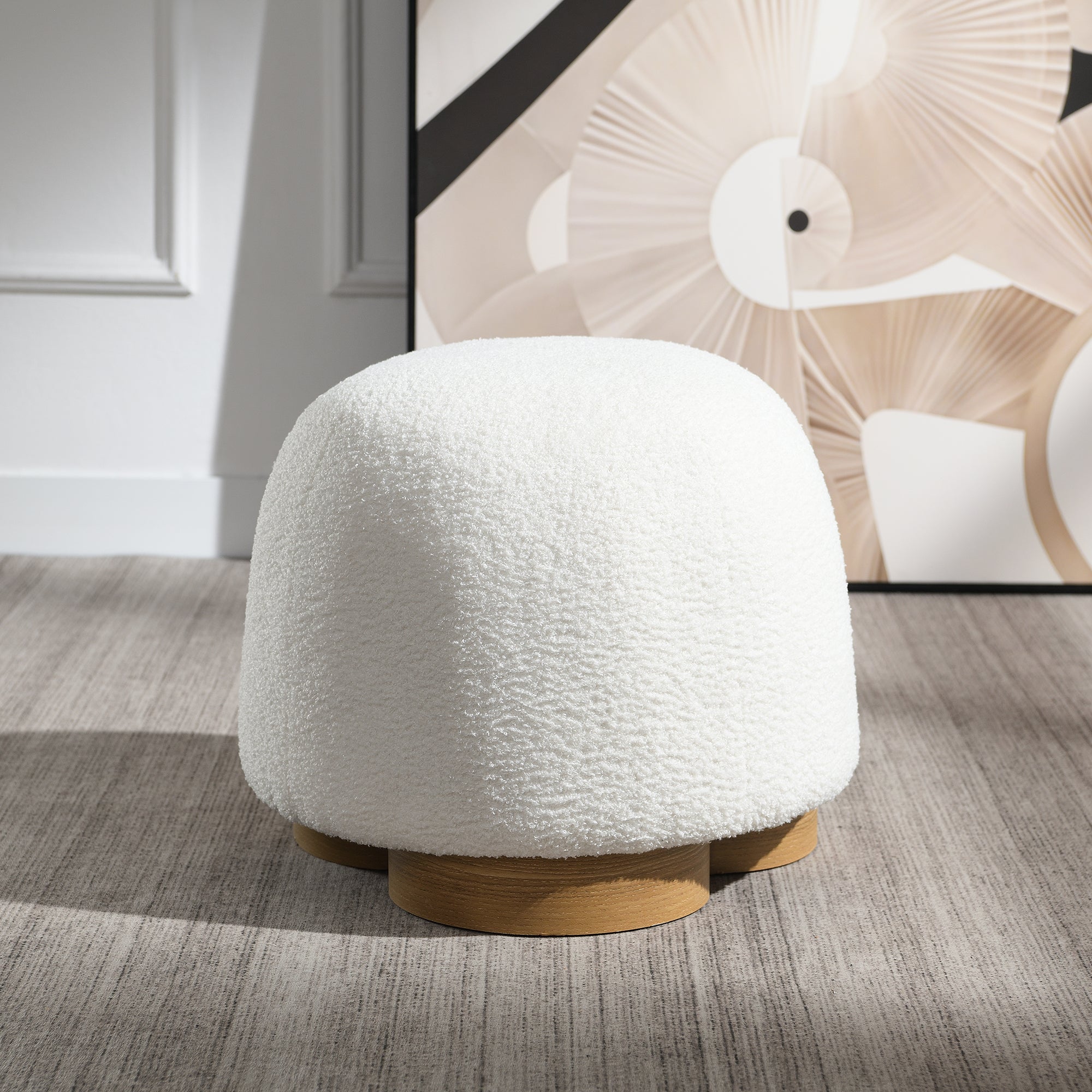 Fully Assembled Round Soft Teddy Fabric Upholstered Ottoman