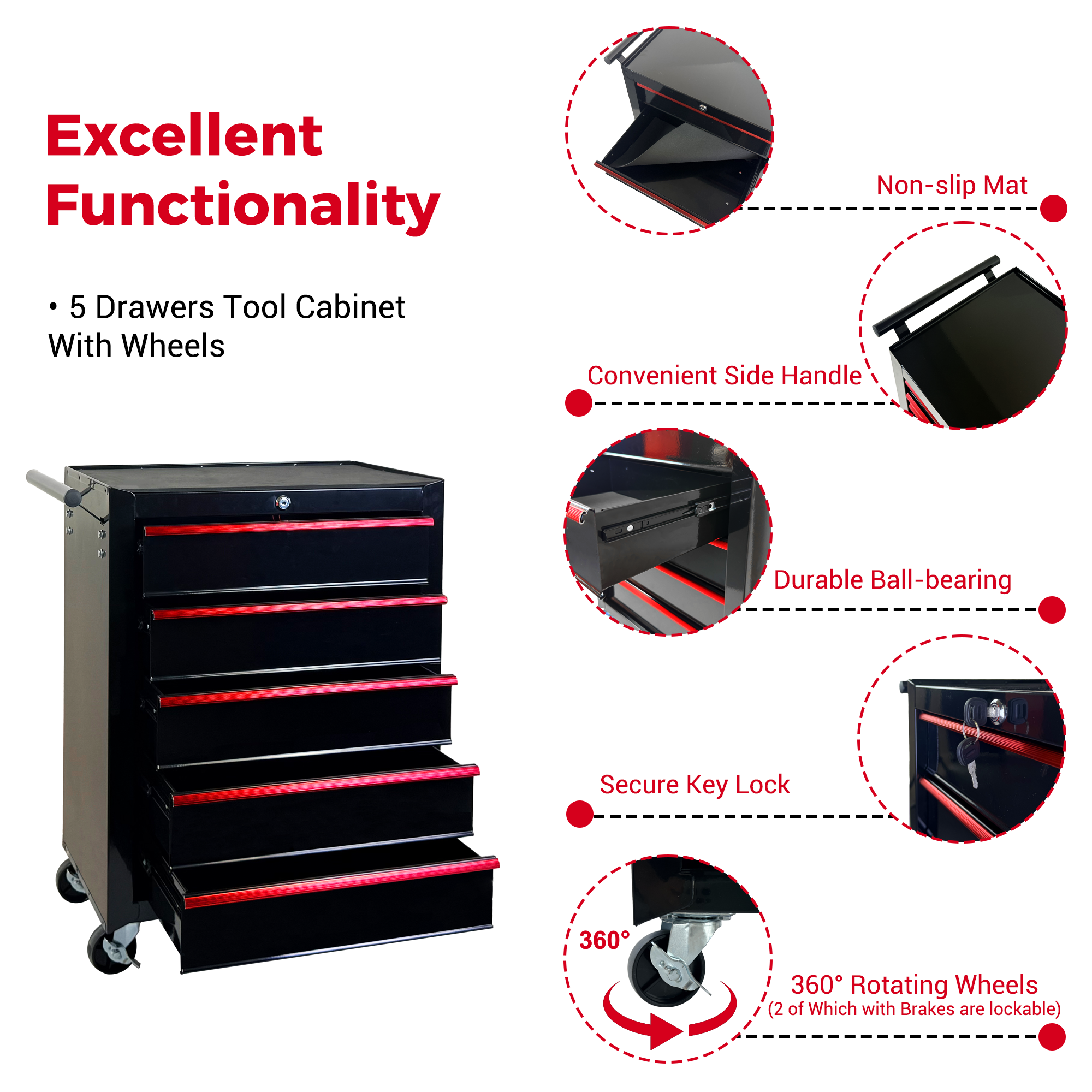 Rolling Metal Tool Chest with 5 Drawers