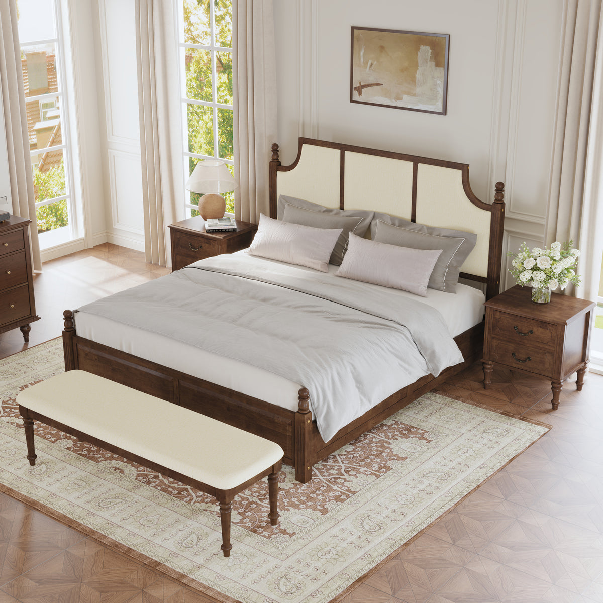 4-Piece Fluted King Bedroom Set with Linen Headboard, Walnut