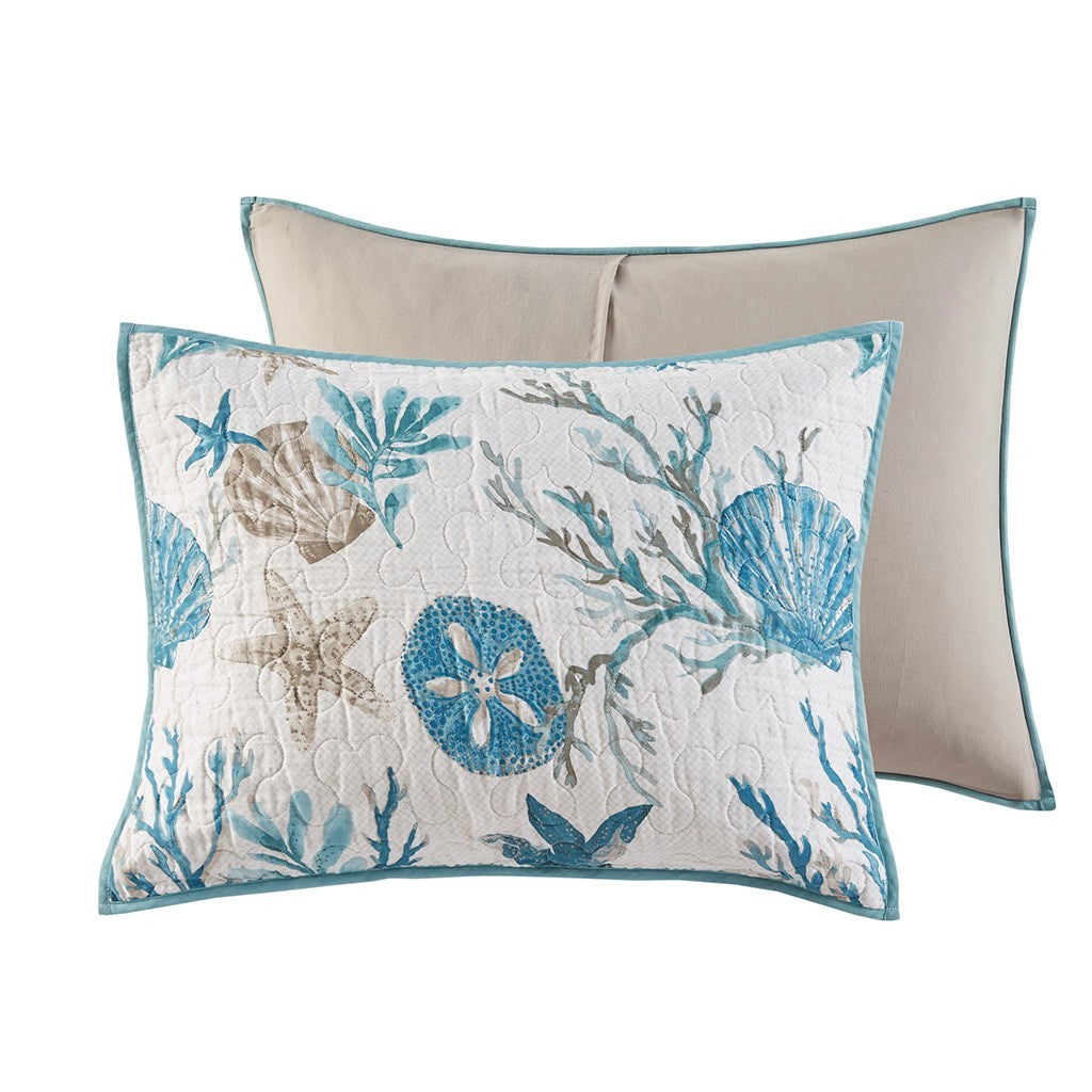 6 Piece Cotton Sateen Quilt Set with Throw Pillows Aqua King/Cal King