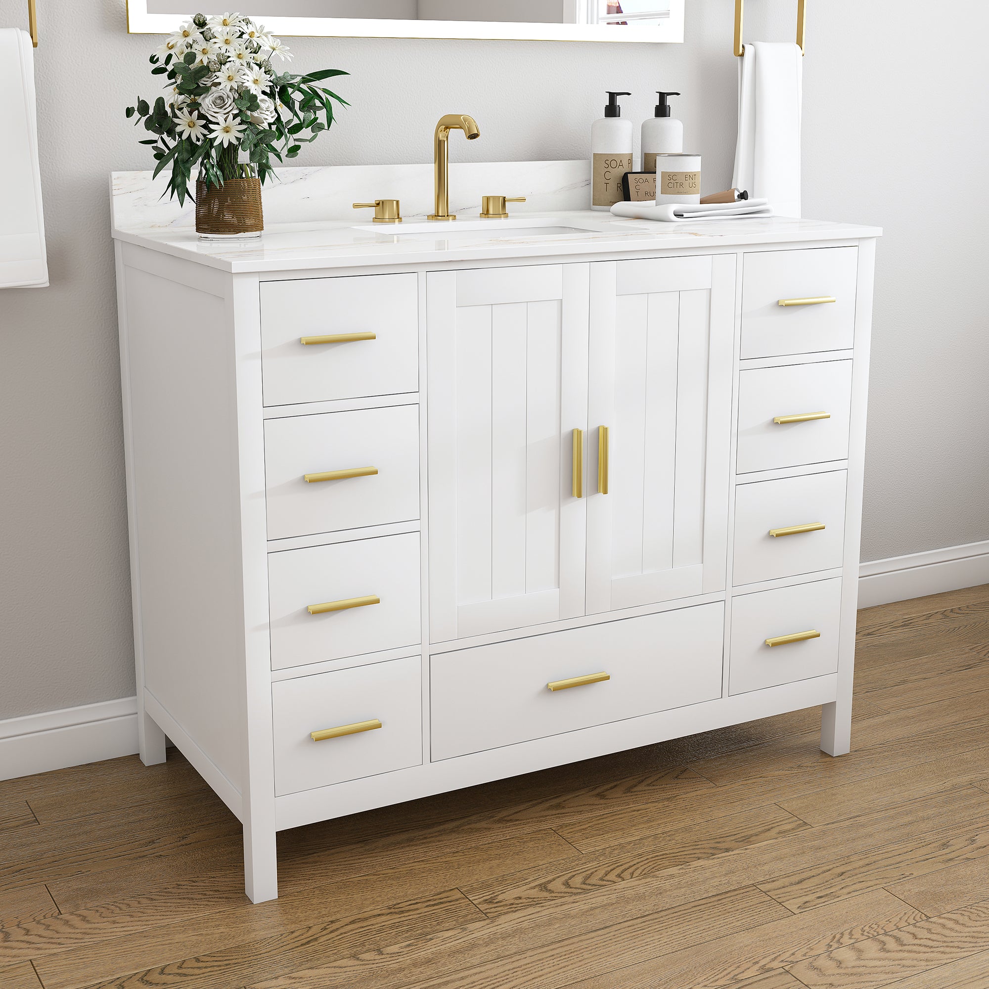 42" Modern Solid Wood Bathroom Vanity with Sink, 43" Carrara