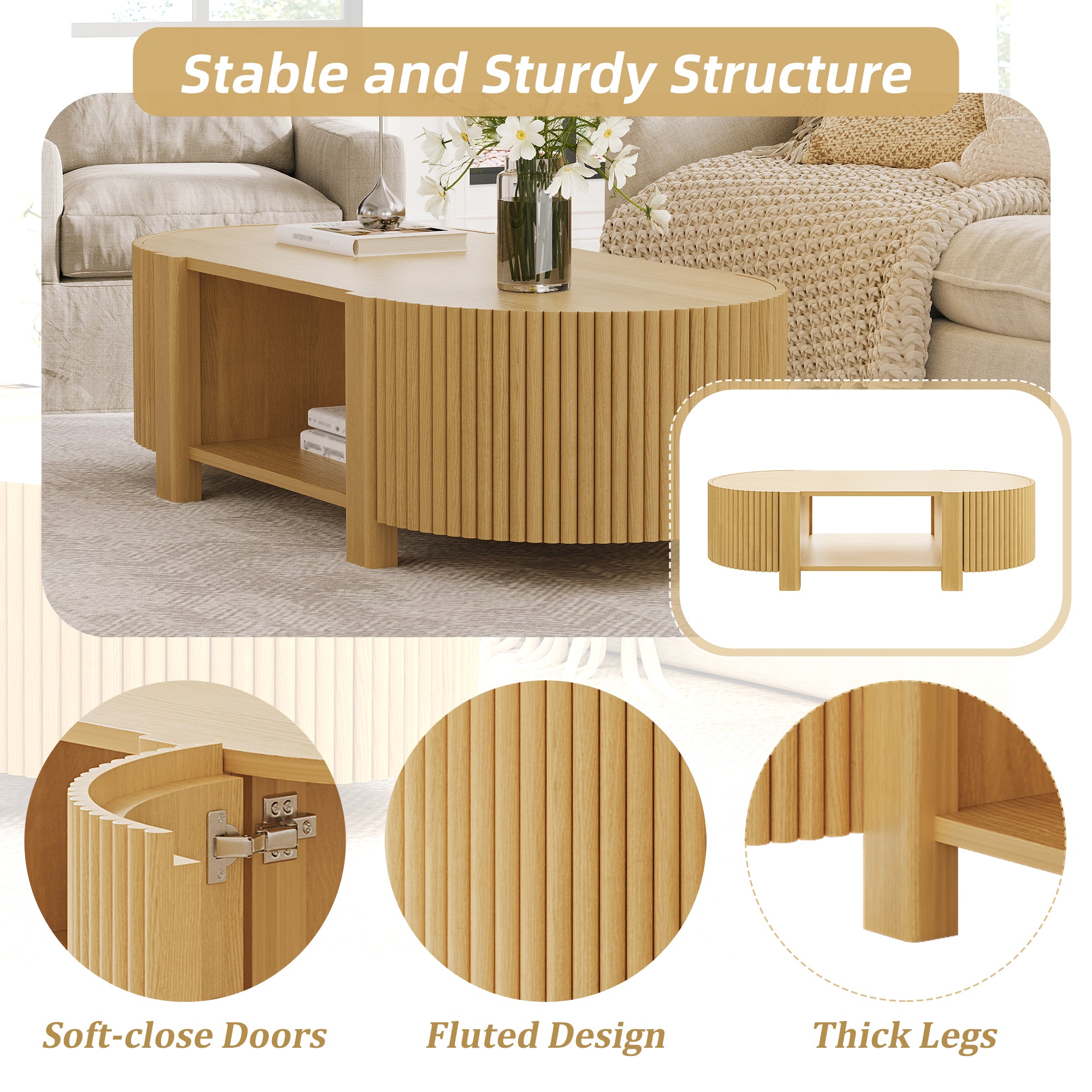 Oval Fluted Coffee Table with Storage for Living Room