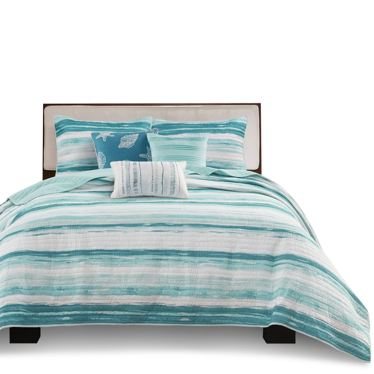 6 Piece Printed Quilt Set with Throw Pillows - Aqua Full/Queen