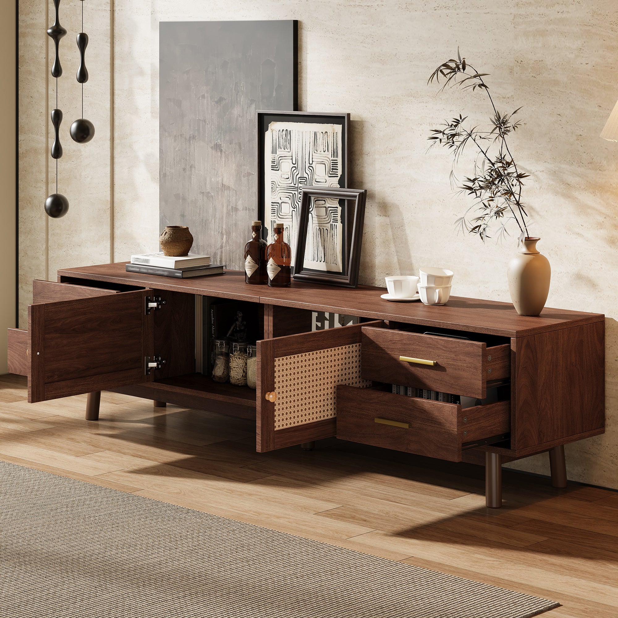 70-Inch Modern TV Stand with Rattan Doors