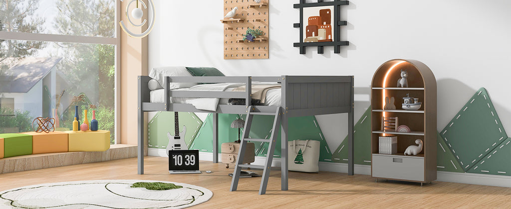 Full Size Wood Low Loft Bed with Ladder
