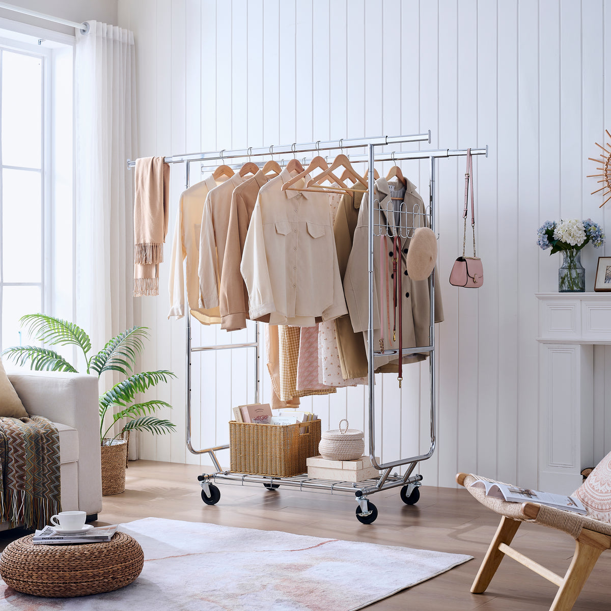 Double Clothing Garment Rack with Shelves