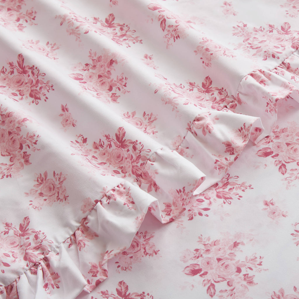 4-Piece Full Microfiber Sheet Set, Pink Floral, Ruffled Hem