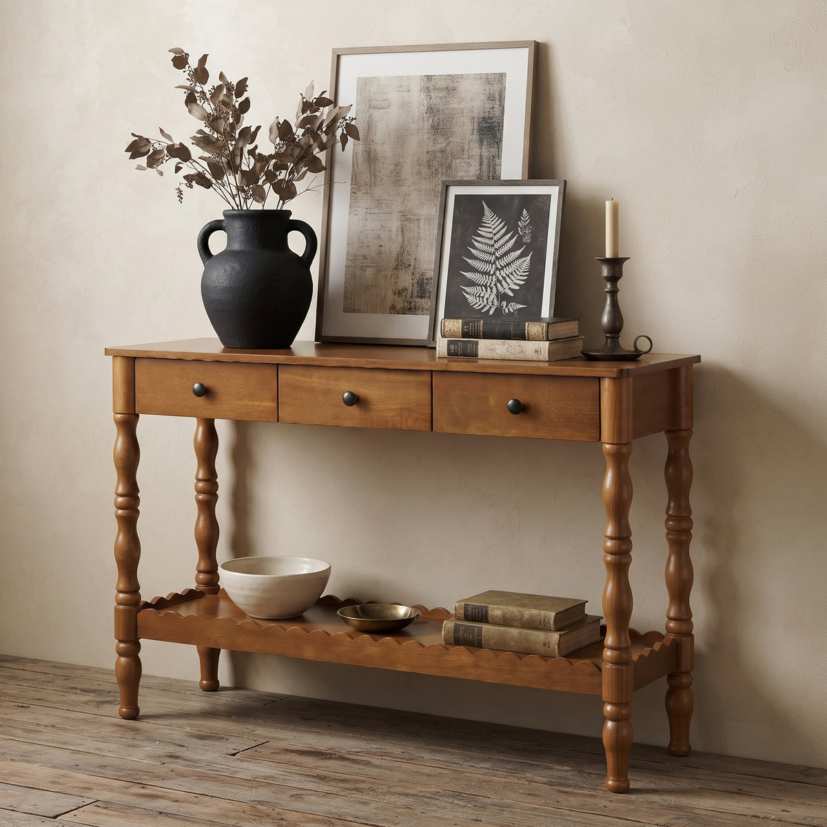 47.2'' Solid Wood Console Table for Entryway,2-Tier Wooden Sofa Table Behind Couch with Vintage Carved Wood Legs,Entryway Table with 3 Drawers and for Decorative Storage Options