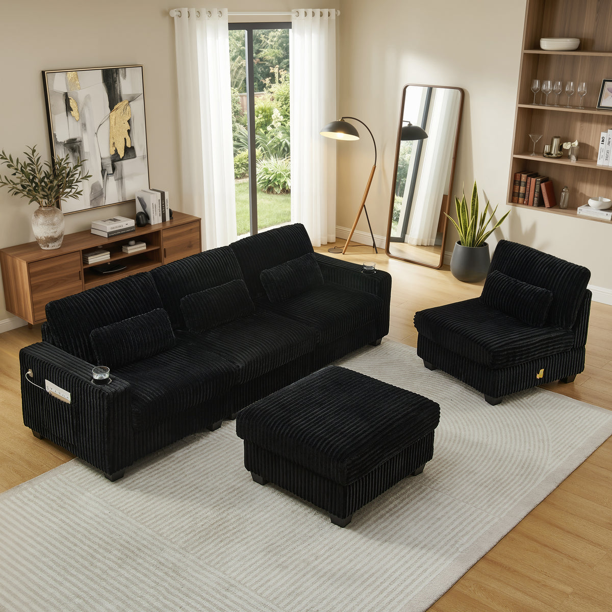 L-Shaped Corduroy Modular Sectional Sofa with Detachable Footrest