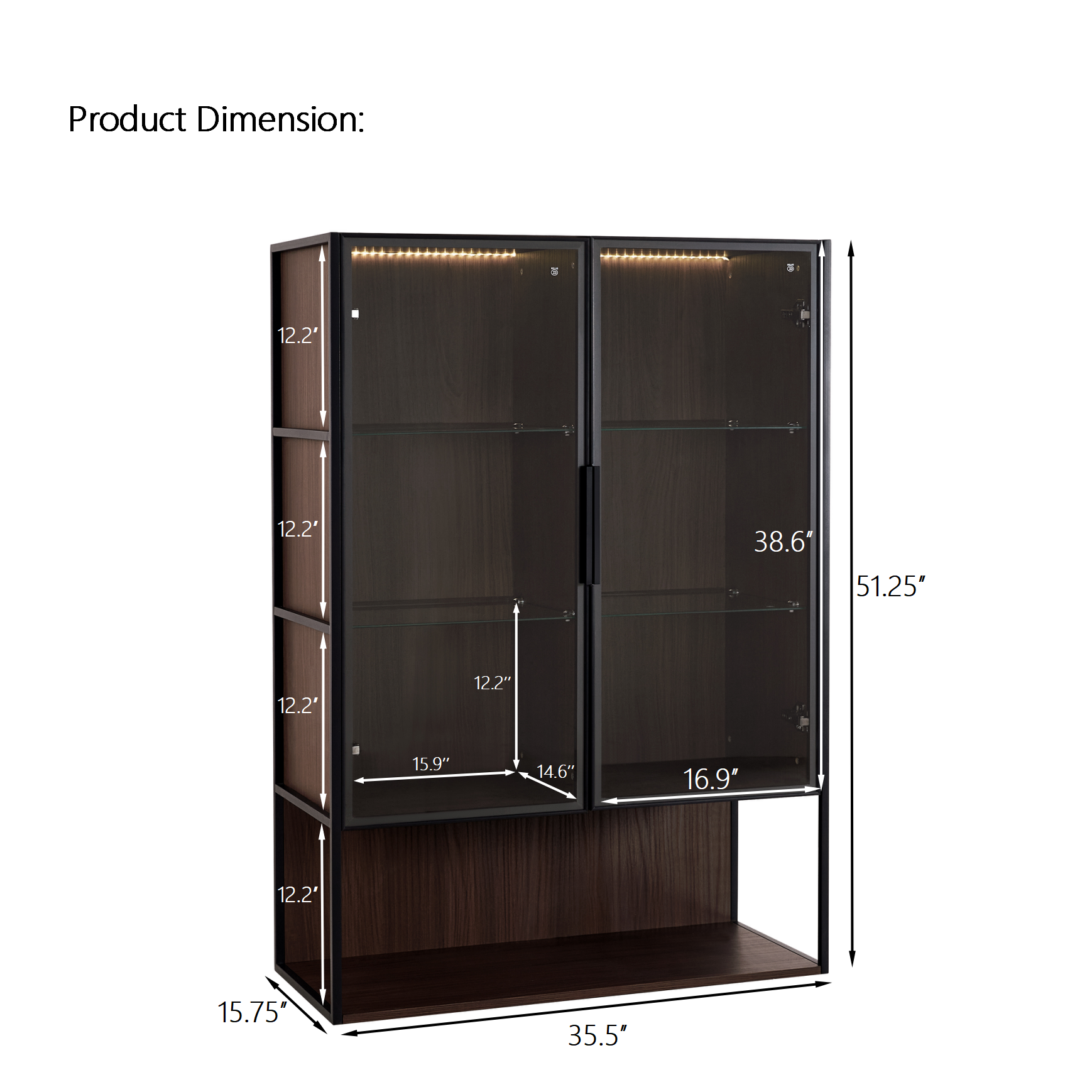 Modern Minimalist 51.2" Tall Lighted Display Cabinet with Tempered Glass