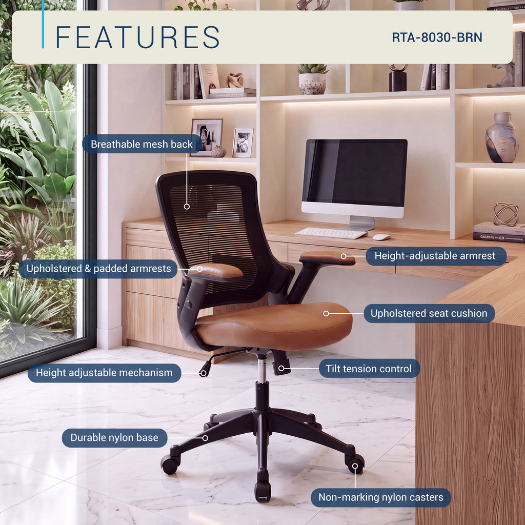 Techni Mobili Mid-Back Mesh Task Office Chair, Brown, Height Adjustable Arms