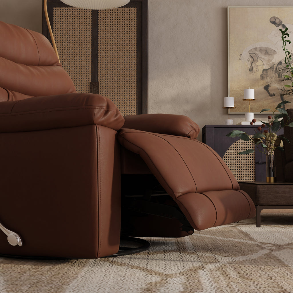 Global Home Swivel Glider Recliner with Manual Footrest In Oslo Pecan