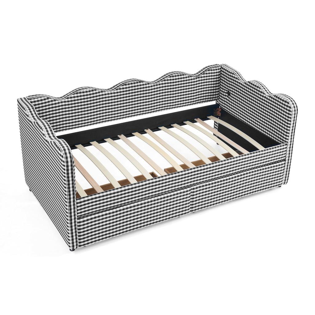 Twin Size Cozy Gingham Daybed with Two Storage Drawers