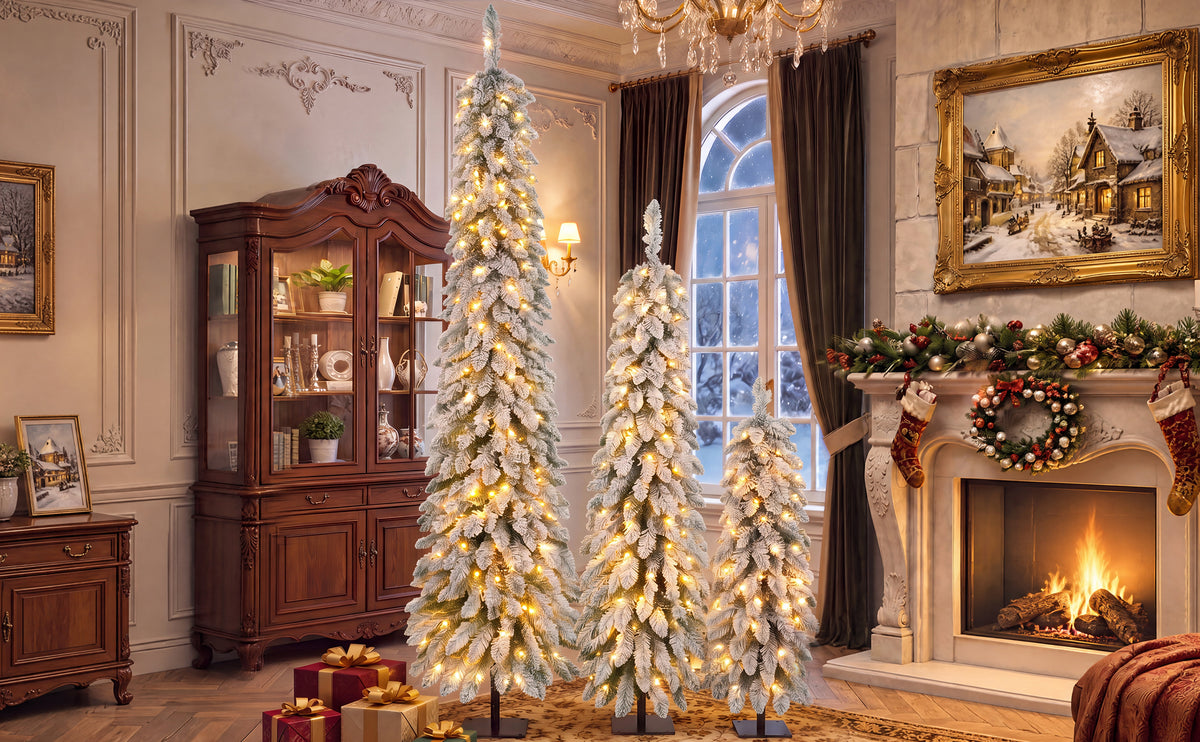 Snow Flocked Pre-Lit Pencil Christmas Tree