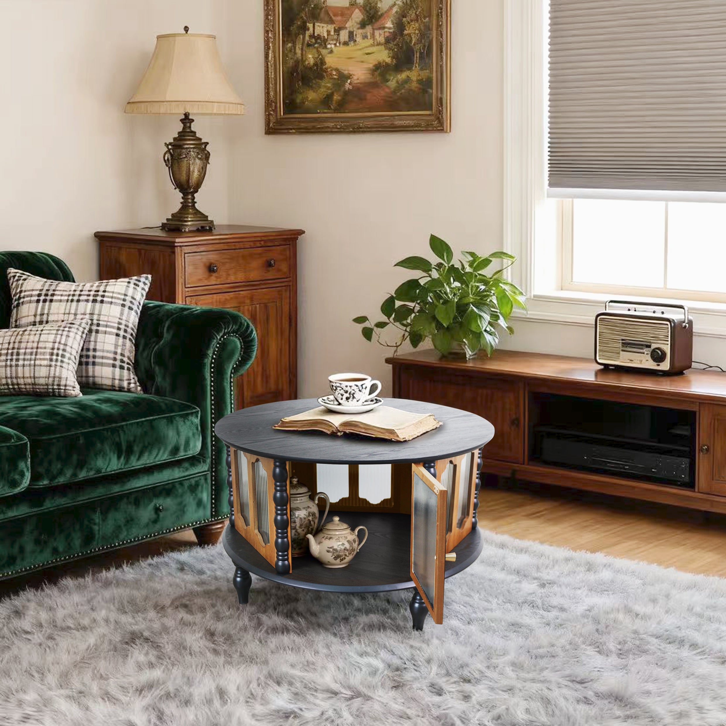 31.5" Round Wooden Coffee Table With Storage