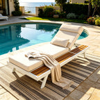 White Iron + Teak Finish Outdoor Chaise Lounge Set