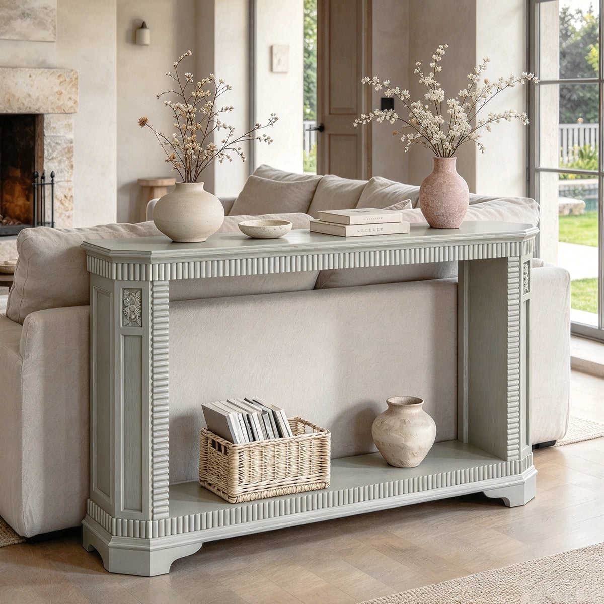 55-Inch Retro Carved Sofa Table, 2-Tier Open Storage, Champagne Silver
