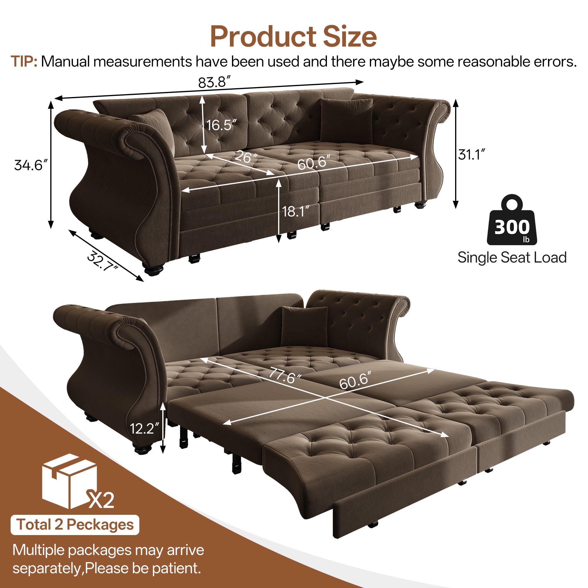 83.8" Oversized Chesterfield Pull Out Sofa Bed