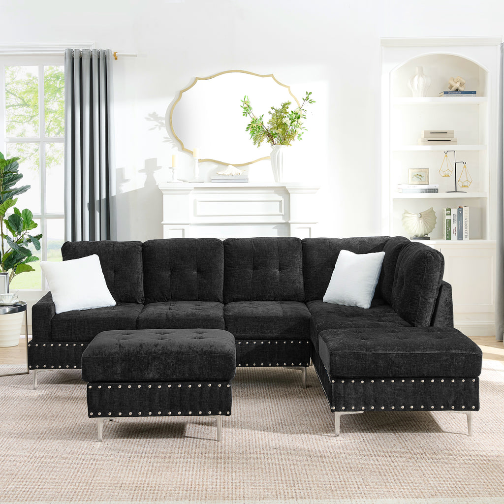 L-Shaped Chenille Sectional Sofa with Chaise and Storage Ottoman