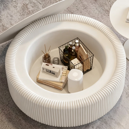 White Round Fluted Coffee Table with Tempered Glass Top