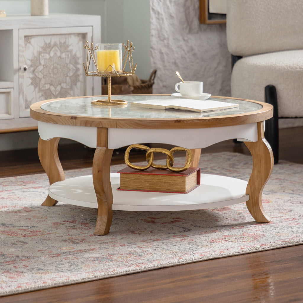 31.5-Inch Round Coffee Table with Open Storage, Solid Wood, Farmhouse Style, Antique White